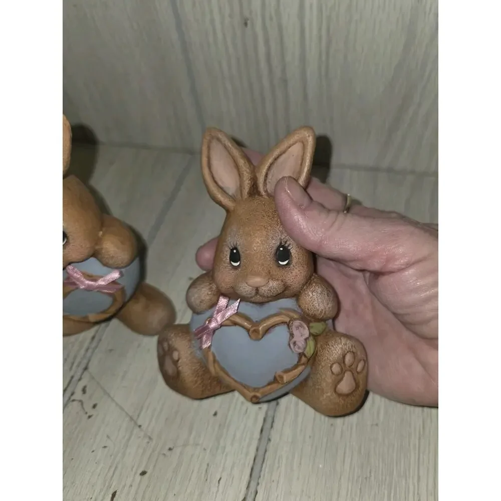 Vtg Brown Easter Bunnies Holding Pink Hearts Bows Cottagecore Heritage Kitsch